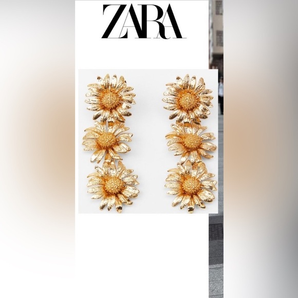 ZARA LIMITED EDITION TRIPLE DAISY FLOWER DROP EARRINGS GOLD NWT - Picture 3 of 8